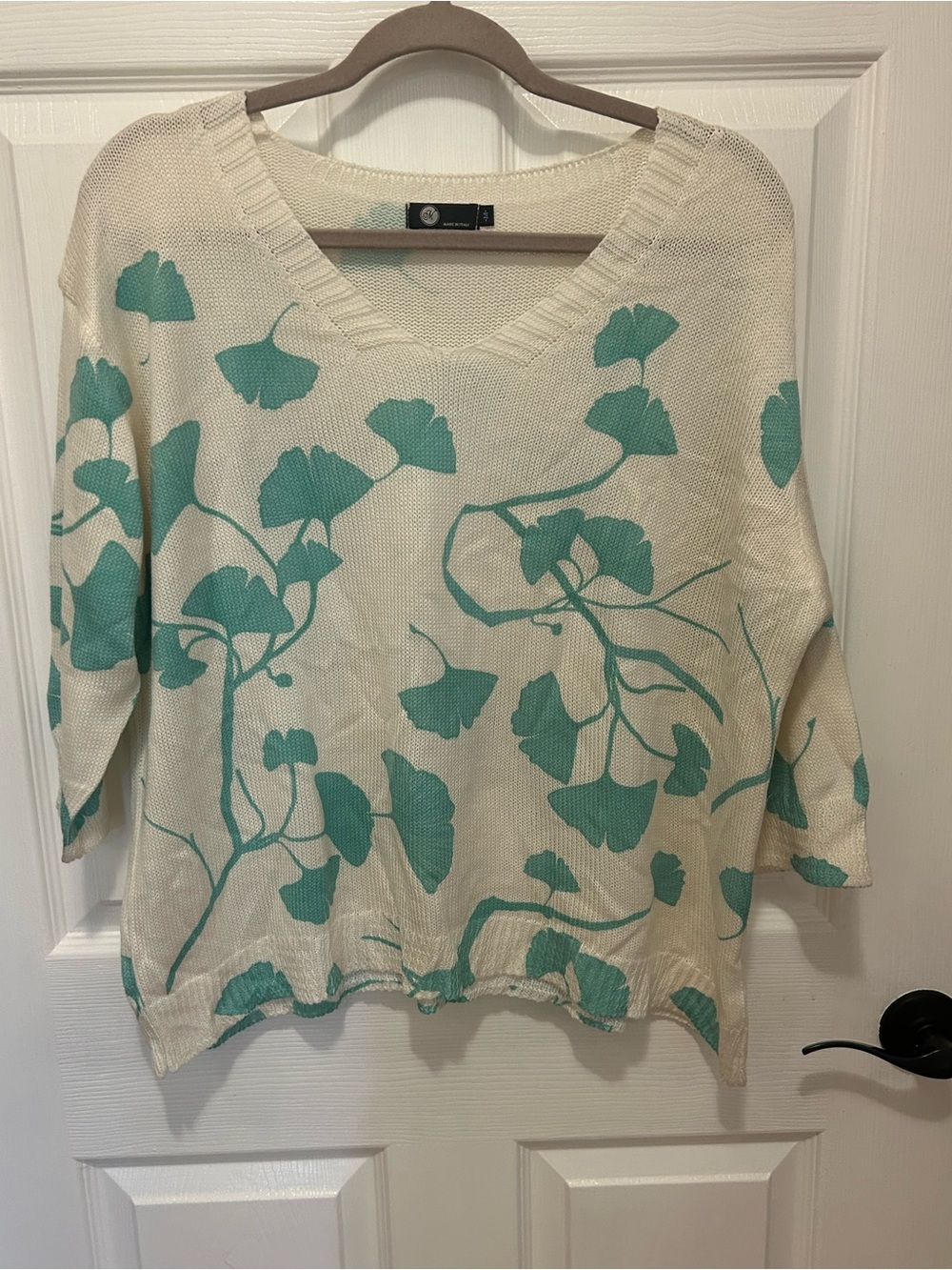 Cream V-Neck Sweater with Teal Leaf Print